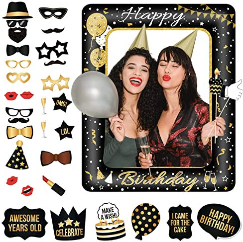 Foto Requisiten und aufblasbarer Rahmen,34 Stücke Fotobox Accessoires Fotokabine für Geburtstagsfeier,Party Foto Booth Props Mix von Kappen,Weinglas,Lippen Stift,Krawatte,Kronen und mehr