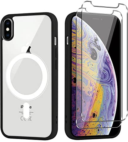 Vauki Coque Magnétique Clair pour iPhone XS Max avec Chargement MagSafe avec 2 Pièces Verre Trempé, Étui de Protection en Silicone Antichoc, Mince Souple Bord en TPU en Hard PC Arrière Housse, Noir