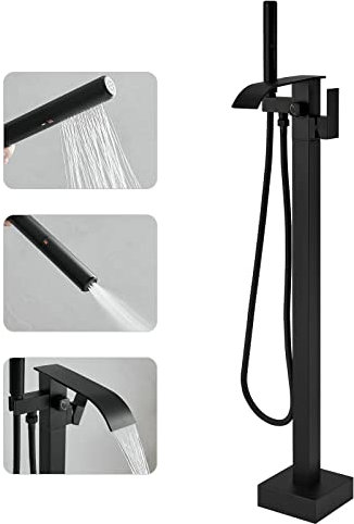RUMOSE Wannenfüller, freistehend, Badewannenarmatur, mattschwarz, Bodenmontage, Wannenhahn, Wasserfall, freistehend, Badewannenfüller, hoher Durchfluss, Messing, Badewannenarmaturen mit Handbrause