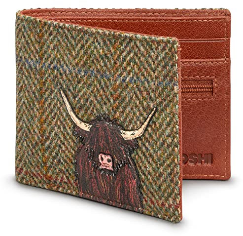 Yoshi Highland Cow Harris Tweed & Leather Wallet RFID Brown Leather Wallet