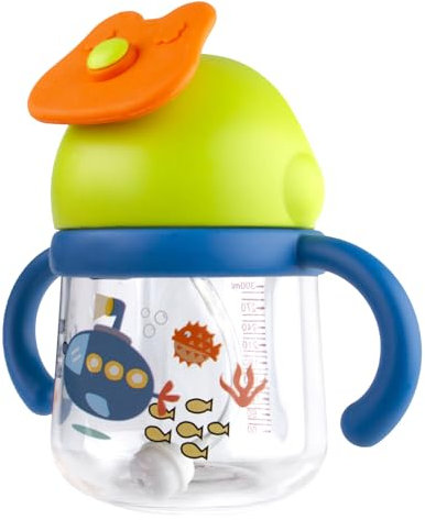 Qshare Baby Trinklernbecher ab 6 Monate,300 ml Trinkflasche Kinder mit Dynamischem Strohhalm und Griffen,Auslaufsichere Babyflasche,Trinkbecher Baby 100% BPA frei,Langlebig Und Hygienisch,Blau