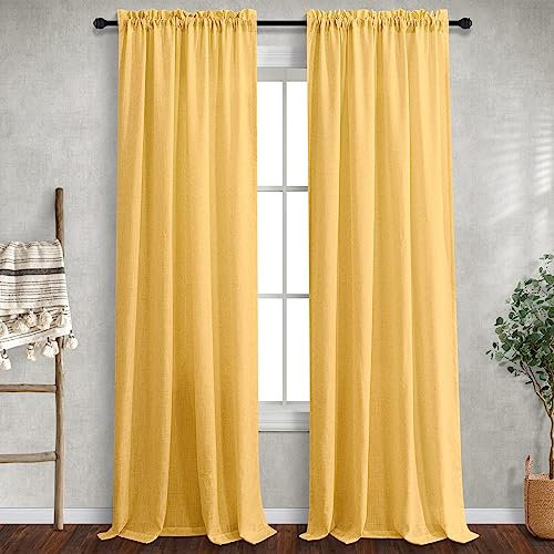 Golden Yellow Linen Curtains 72 Inch Length for Living Room 2 Panels Light Filtering Semi Privacy Mustard Yellow Gold Sheer Curtains for Dining Room Closet Door Modern Farmhouse Fall Decor 52x72 Long