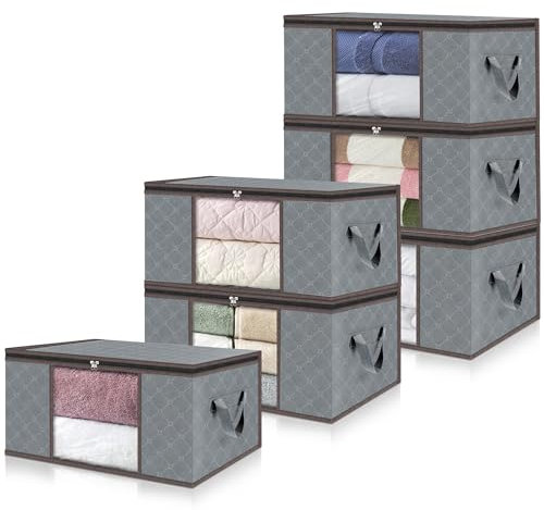 unycos - 6 Pezzi | Scatole per Vestiti 35L, Tessuto con Finestra Trasparente 48x36x20cm, Scatole/Borsa Pieghevoli, Organizzatore Sotto il Letto per Piumini, Asciugamani, Cuscini (Grigio/Marrone)
