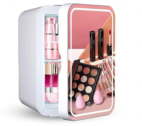 HAZARA Miroir Beauté RéFrigéRateur, 8L,avec Miroir De Courtoisie LED Mini Frigo, Voiture,Maison,Chaud Et Froid 2 en 1 Petit Frigo Voiture, pour Chambre, Bureau Et Voiture,White