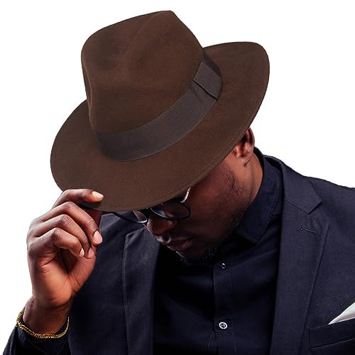 Ruphedy Wolle Fedora Hüte für Männer Frauen Breite Krempe Filz Panama Hut, Braun, XL