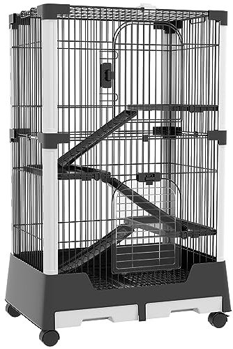 PawHut Jaula para Animales Pequeños con Ruedas 114x75x50 cm Valla para Mascotas con 3 Plataformas 3 Rampas Bandejas Extraíbles para Hurones Conejos Negro