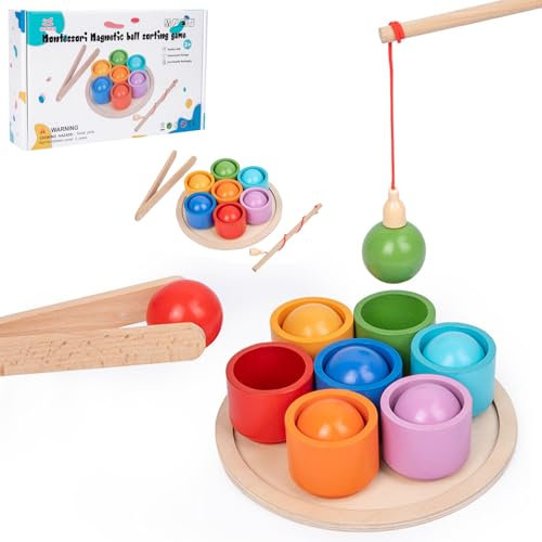Montessori Spielzeug ab 1 Jahr, Holz Angeln Sortier Stapelspielzeug, 7 Kugeln Regenbogen Holzkugeln in Tassen, Baby Spielzeug für Vorschule für Farbsortierung und Zählen, Geschenk ab 2 3 4 5 Jahr