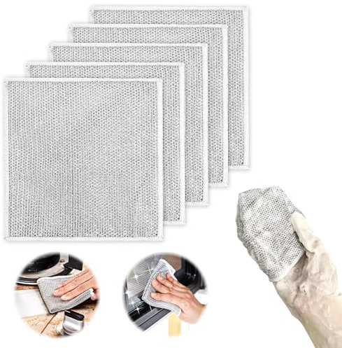 Paños de Alambre Multiusos,Reutilizable de Alambre Lavar Platos,para Lavar en Húmedo y en Seco Trapos para Lavar Platos,Elimina sin Esfuerzo Las Manchas difíciles de Platos, ollas,Estufas,etc(5PCS)