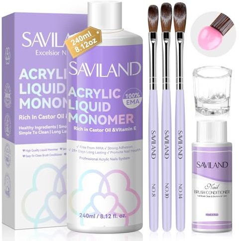 SAVILAND Acryl Liquid für Nägel: 8,16 fl.oz EMA Monomer Acrylic Liquid für Acrylpulver Nagelverlängerung,3 Stück Acryl Nagel Pinsel Vielseitiger Pinselreiniger Dappen Schale für den Heimnagelsalon