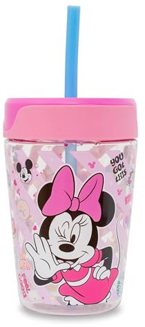 Disney Minnie Mouse - Vaso de viaje de plástico para niños con tapa resistente a derrames y popote reutilizable, capacidad para 18 onzas