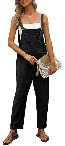 Vanchenl Women's Casual Loose Cotton Linen Overalls Summer Baggy Adjustable Jumpsuits Rompers Harem Pants Black S