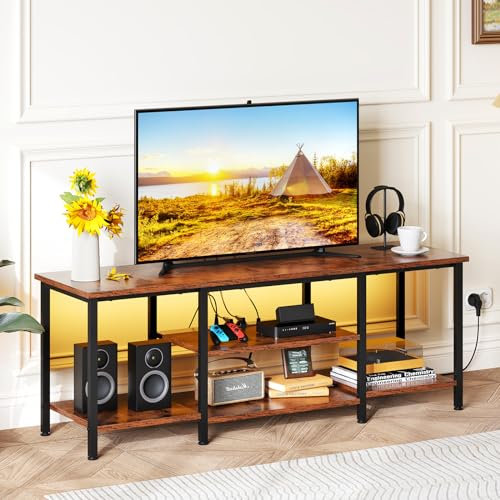 Dripex TV Schrank Lowboard mit LED Beleuchtung und Steckdosen 140 cm, für Fernseher bis zu 65 Zoll Fernsehtisch, 3 AC-Anschlüsse, 2 USB-Anschlüssen, Retrobraun