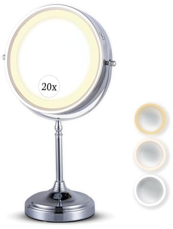 MIRRORVANA 20X Magnifying Mirror With Lights for Makeup, 20x38 cm (Chrome) | Glow Like A Star! 20X/1X Make Up Vanity Mirror, 3 Lighting Modes for Studio Quality Make Up, Rechargeable Battery & USB Cable