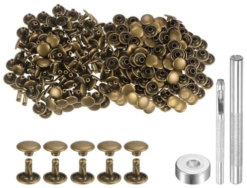 sourcing map 200 Sets Leather Rivets 9mm x 8mm Metal Double Cap Rivet Snaps Studs Fasteners with 3pcs Setting Tools Rivets for Leather Craft DIY Repair Decoration, Bronze