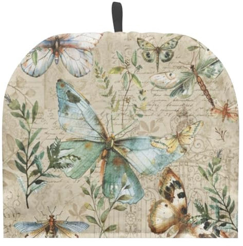 YANGSHINE Teewärmer für Teekanne, Vintage-Schmetterling, Libelle, Bedruckt, Polyester-Leinen, isoliert, zum Warmhalten, geeignet für kleine, mittelgroße oder große Teekannen, Stil D
