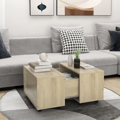 CCCINER Couchtisch Sonoma-Eiche 60x60x38 cm Holzwerkstoff,Stilvoller Ausziehbarer Couchtisch aus Sonoma Eiche mit Rollen und Innenfach Kaffeetische, Couchtische