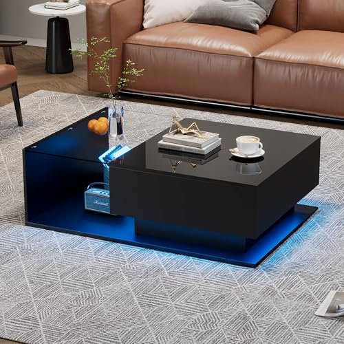 Merax Black High Gloss Coffee Table, LED Coffee Table with Storage Drawer and Shelf, Glass Desktop, Sofa Side End Table for Living Room, Home Office, 100x50x32cm