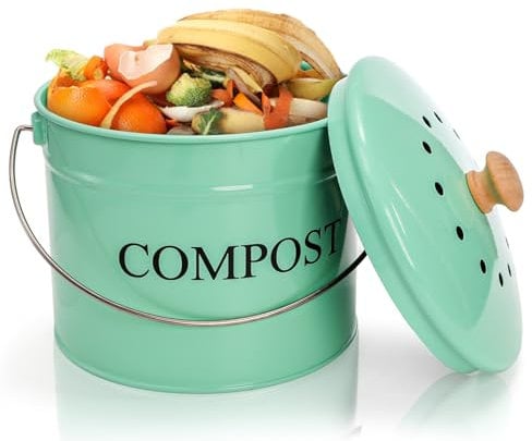 AVLA Kitchen Compost Bin, 1 Gallon Countertop Food Waste Container, Odorless Composter Bucket with Lid and Charcoal Filter, Indoor Metal Composting Pail, Mint Green