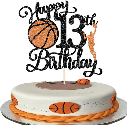 Xsstarmi 1 Pack Happy 13th Birthday Cake Topper Black Glitter Basketball Sports Cake Pick Cheers to 13 Years Cake Decorations for Basketball Theme Birthday Party Supplies