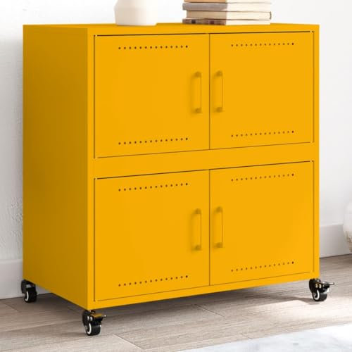 Makastle Meuble de Rangement avec 4 Portes et 4 Roues, Buffet en Métal Armoire de Rangement Armoire Métallique à Casier pour Salon Bureau Chambre, Jaune Moutarde 68,5x39x72 cm
