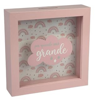 Hucha Grande de Madera Rosa, 16 x 16 cm, diseño Arco Iris y Nubes, para niña