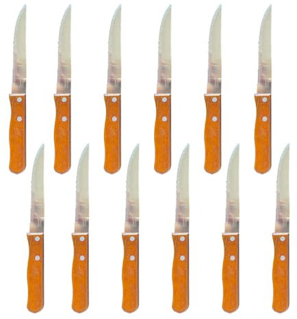 Genérico 12 Cuchillos Sierra Chuletero. Mango de Madera. Microdentado. Fabricados en Albacete. (Pack de 12) Sierra Madera