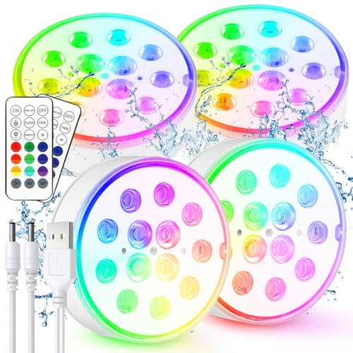Czemo Lumière de Piscine LED Submersible Rechargeable avec Télécommande Éclairage Etanche Lampes IP68 Étanche Lumières Sous-marines Pour Aquariums, Baignoire, Étangs (Multicolore-4 pièces)
