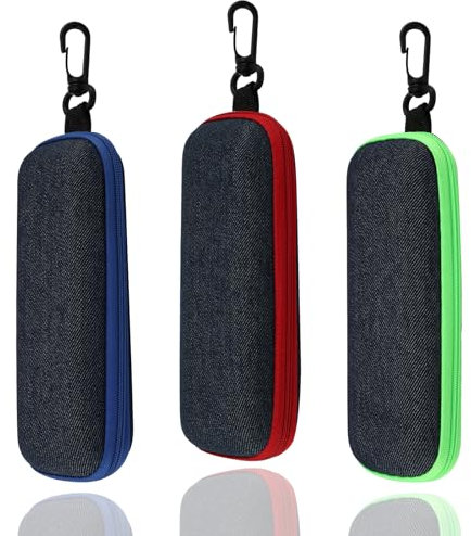 Maxmoc 3 Stück Brillenetui Hardcase,Sonnenbrille Etui Denim-Stoff Mode Tragbare,Brillenbox mit Reißverschluss für Herren Damen,Glasses Case mit Karabinerhaken für Sonnenbrille,Lesebrille,Myopiebrille