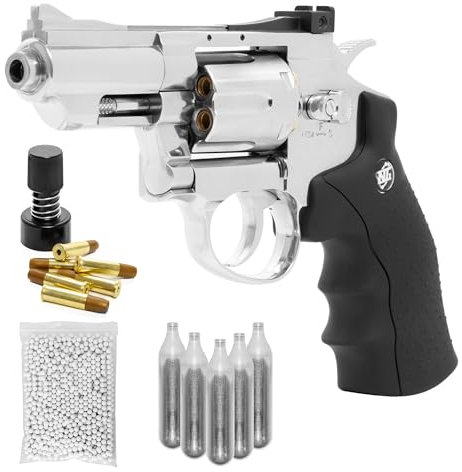 Pistola Softair Revolver, Pistola a Pallini, 5 bombolette Co2, 1000 Pallini 6mm, caricatore, 6 bossoli, Airsoft, Pistole Softair, potenza 0,9 joule, colore cromato, dimensioni cm 34x12,5