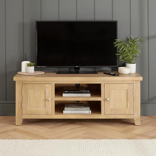 The Furniture Market Cheshire Whitewash Oak Large TV Unit | Solid Oak TV Stand for TVs Up to 60 Inches | 2 Door Cabinet with Open Shelf | Fully Assembled | Shaker Style | H 510 x W 1320 x D 430mm