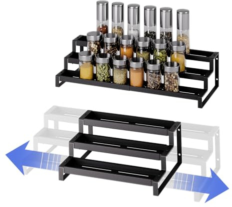 Afeeler Expandable Spice Rack for Cupboard(36-66cm), 3-Tier Spice Organiser, Adjustable Kitchen Storage Display Shelf, Seasoning Jar Rack for Kitchen Countertop Cabinet Pantry