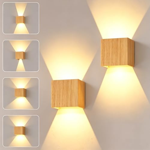 2stück LED Wandleuchte Innen,Holz Vintage 8W Moderne LED Wandleuchte 3000K | Up and Down Leuchten, Einstellbar Abstrahlwinkel Holz Wandlampe, Aussen Flurlampen Warmes Weiß Wandlampen