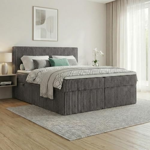 A&J MöbelLand Boxspringbett RALF 200x200 mit Bettkasten und Topper – Bonellmatratze H2 – Stauraum in Grau