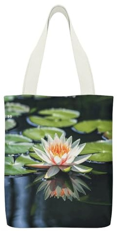 JTREHY Canvas Water Lily Tote Bags Reusable Grocery Bags Washable Large Foldable Shopping Bag Lightweight Heavy-Duty Shopping Cloth Bag with Zipper Inner Pocket