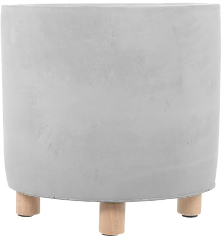 Toyvian Creative Round Cement Flowerpot with Wood Legs, Space-Saving Decorative Plant Pot for Windowsill Or Flower Beds, Simple Design Grey Cement Planter for Flowers and Plants