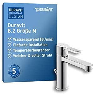 Duravit B.2 Waschtischarmatur, Größe M (Auslauf Höhe 106,5 mm), Wasserhahn Bad mit Zugstangen-Ablaufgarnitur, Waschbecken Armatur mit Keramikkartusche, Chrom
