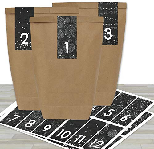 Papierdrachen Adventskalender zum Befüllen - mit 24 braunen Papiertüten und 24 schwarz-weißen Aufklebern - zum Selbermachen und Basteln - Mini Set Nr 33 - Weihnachtskalender für Kinder
