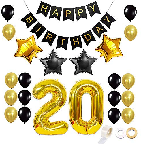 Juland 20. Geburtstag Luftballons Dekoration Happy Birthday Banner Party Zubehör Sets für Männer Boy Folienballons Gold Silber Schwarz Dekor mit Folienballon Star Latex Ballon