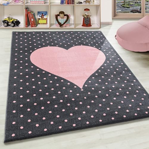 Teppium Kinderteppich für Mädchen und Jungen Herz-Design 80 x 150 cm Pink - Waschbarer Teppich Weich, Pflegeleicht und Antiallergen - Teppich für Kinderzimmer, Babyzimmer und Spielzimmer