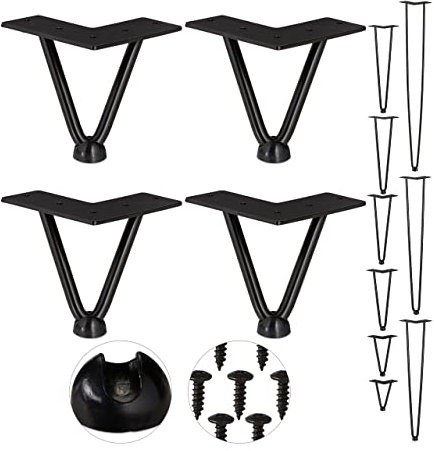 Relaxdays Pack 4 Patas Horquilla para Mesas, Muebles, Hairpin Legs, Metálicas, Acero y Goma, Alto, Negro, Caucho, 10 cm-2 Barras