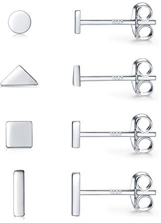 Damen Ohrringe Silber 925, 4 Paar Klein Sterlingsilber Ohrstecker Set für Damen Herren | Kreis Quadrat Dreieck Stab Ohrstecker Silber 925 Set Schmuck Geschenk