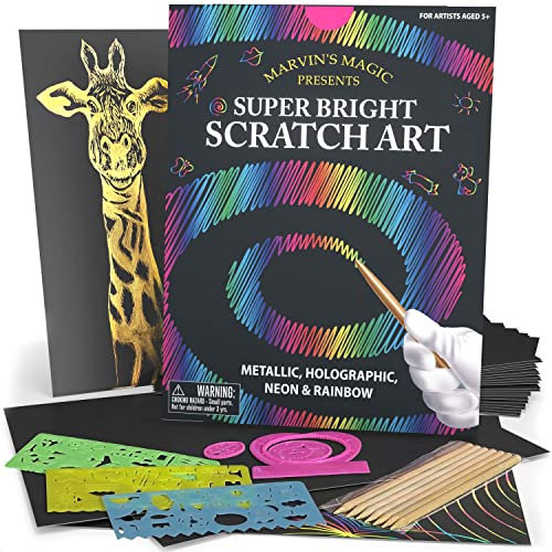 Marvin's Magic - Scratch Art – Schwarzes Kratzpapier – Regenbogen-Kratzpapier – für Kinder und Erwachsene – Geschenk-Set – Kratzkunst für Kinder – magische
