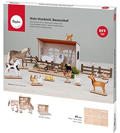 Rayher Holz Steckteil Bauernhof, Holz-Bausatz, FSC Mix Credit, natur, 45-teilig, als Adventskalender der besonderen Art zu verwenden, 46603505