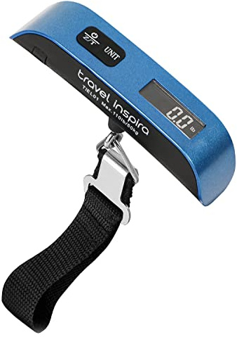 travel inspira Luggage Scale, Portable Digital Hanging Baggage Scale for Travel, Suitcase Weight Scale with Rubber Paint, 110 Pounds, Battery Included - Blue
