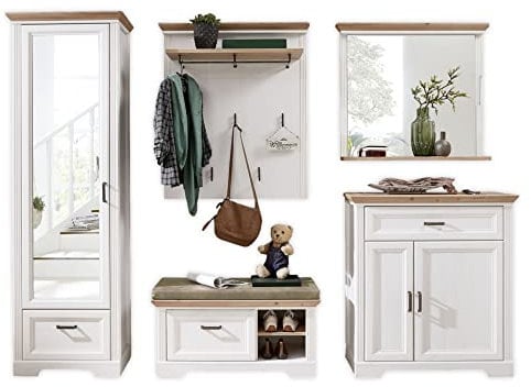 Stella Trading JASMIN Flurgarderoben Set in Pinie hell, Artisan Eiche Optik - Landhausstil Garderobenset 5-teilig für Ihren Eingangsbereich - 280 x 204 x 41 cm (B/H/T)