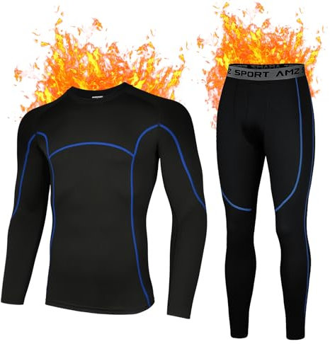 AMZSPORT Intimo Termico Uomo Set di Maglietta e Pantaloni a Compressione Asciugatura Rapida per Sci Palestra Ciclismo Calcio Corsa, NeroBlu M