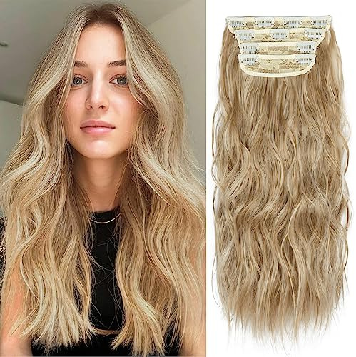 20 Inches Blonde Hair Extensions Clip in, Wavy Synthetic Clip in Hair Extension for Women and Girls (Dark Blonde with Bleach Blonde Highlights,4pcs)