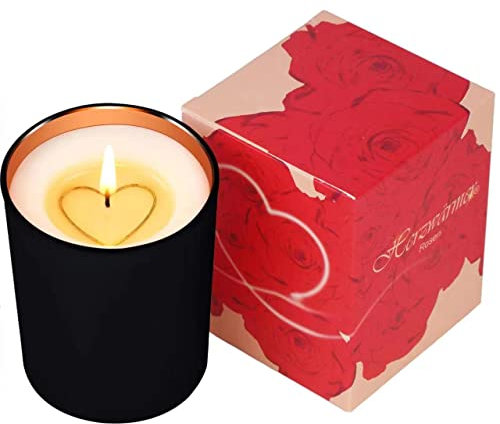 HERZWÄRMER Kerzen mit Herz-Inlay in Rosen Geschenkverpackung Schwarzer Becher, Candles Geschenkkerzen als spezielle Geschenkidee für Geburtstag, Valentinstag Liebe Freundschaft Wärme