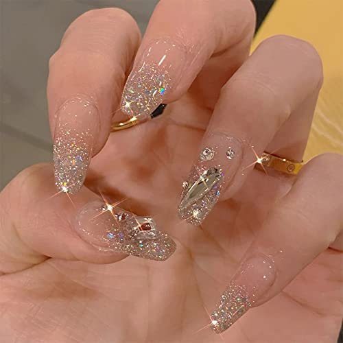 Clataly 24pcs fleurs blanc long cercueil ongles brillant strass français faux ongles imprimé Ballet fille faux ongles sur ongles (A)