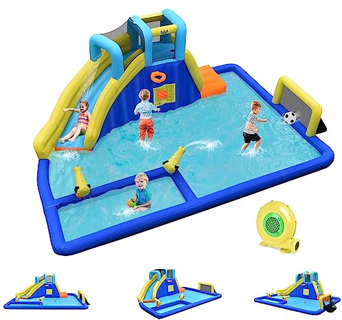 GOPLUS - Castillo hinchable con tobogán y pistola de agua, zona de juegos acuática con entretenimiento múltiple, ideal para niños mayores de 3 años (con soplador de 680 W)